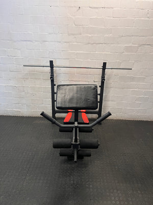 Maxed Performance Multi-Function Weight Bench with Barbell — Very Good Condition – back view