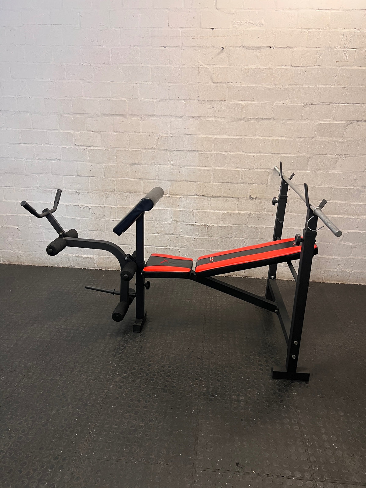 Maxed Performance Multi-Function Weight Bench with Barbell — Very Good Condition – main front view