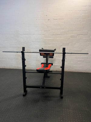 Maxed Performance Multi-Function Weight Bench with Barbell — Very Good Condition – side view