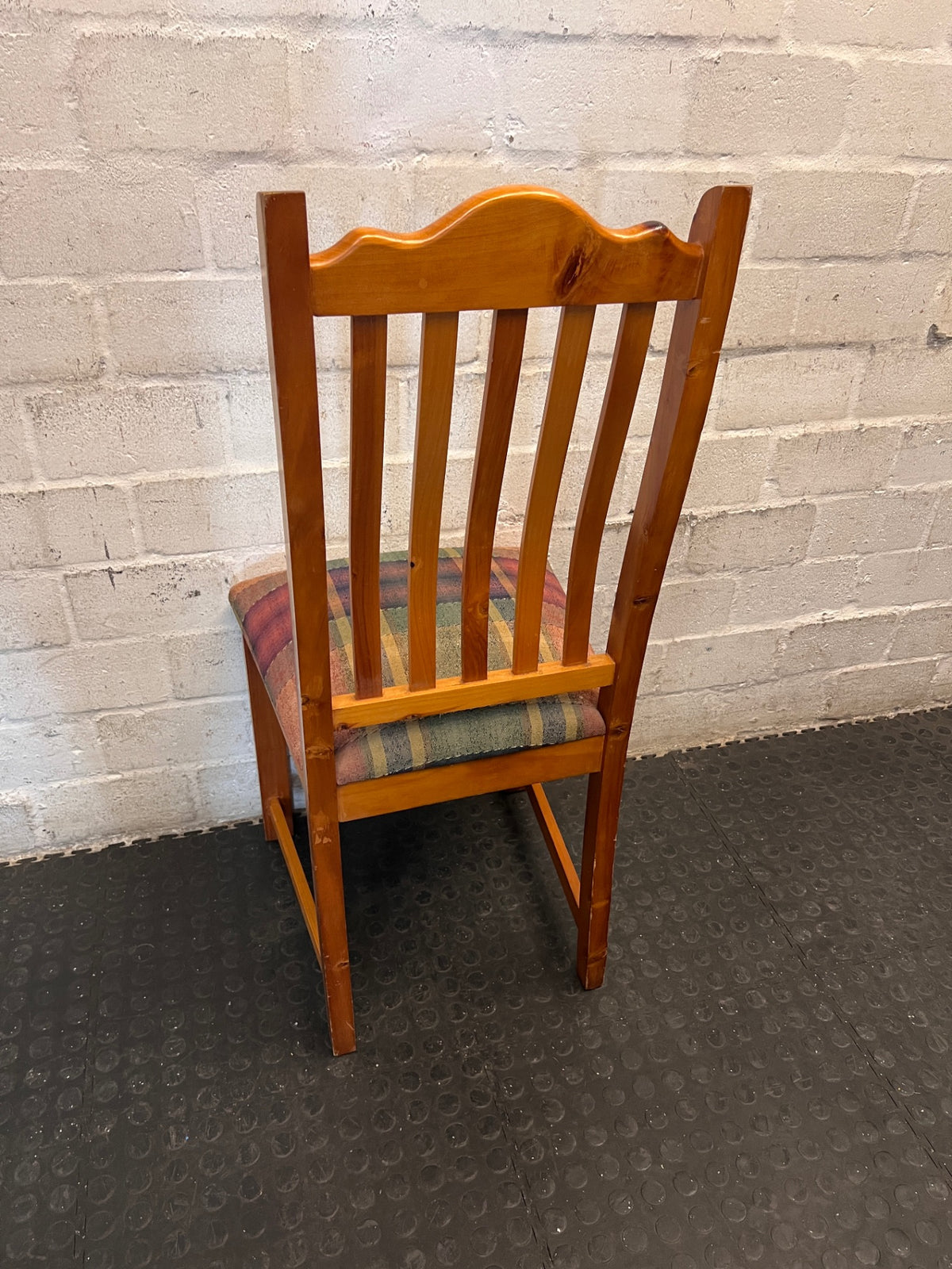 Oregon Pine Dining Chair with Plaid Upholstered Seat — Fair Used Condition – back view