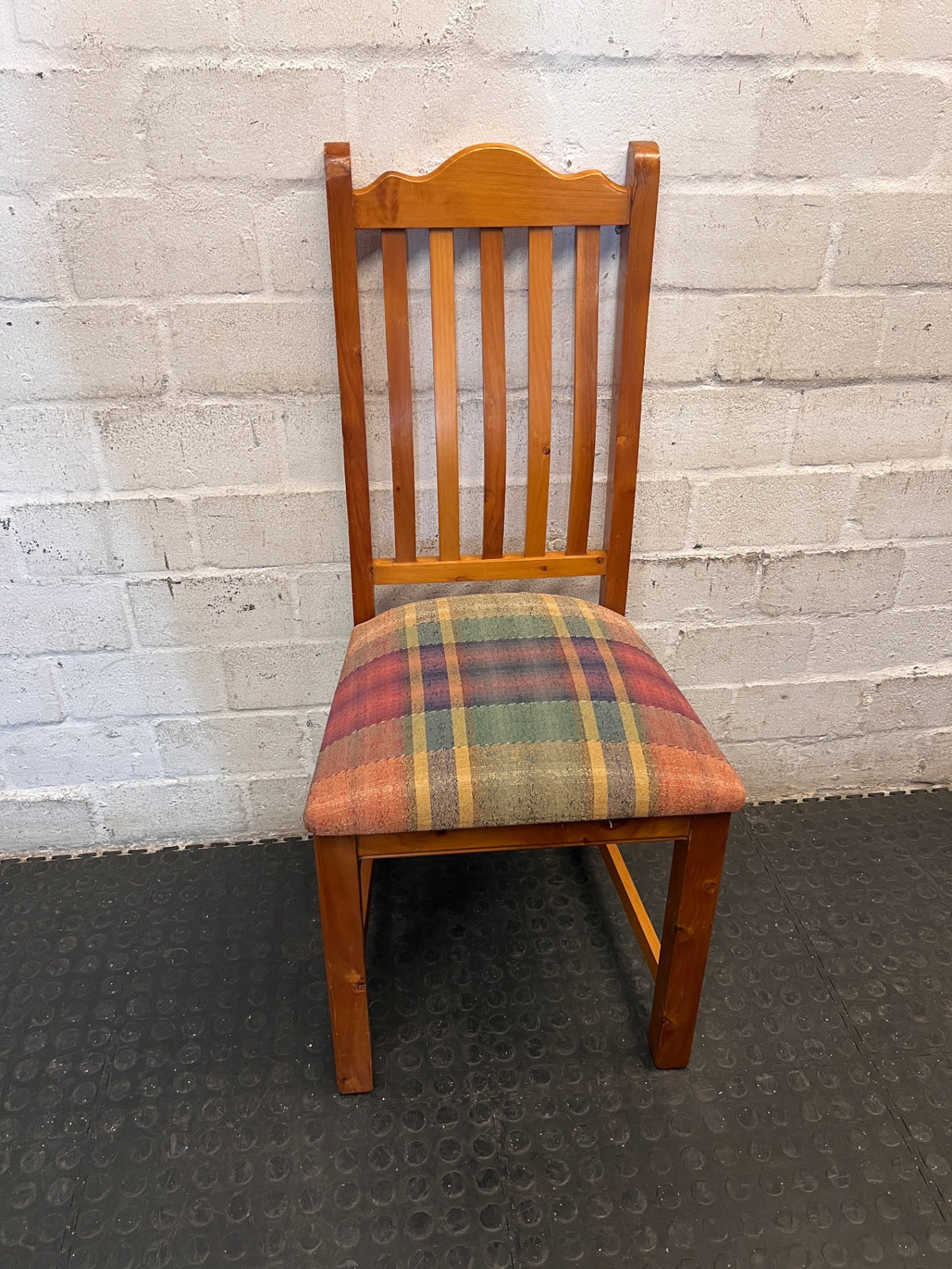 Oregon Pine Dining Chair with Plaid Upholstered Seat — Fair Used Condition – main front view