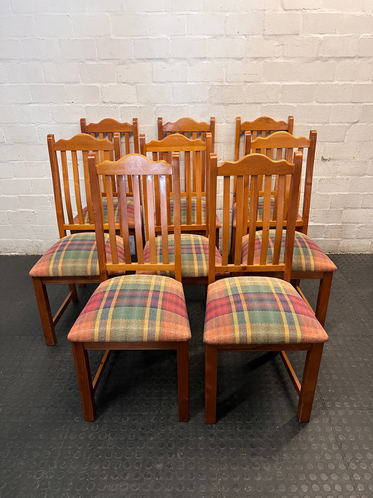 Oregon Pine Dining Chair with Plaid Upholstered Seat — Fair Used Condition – side view
