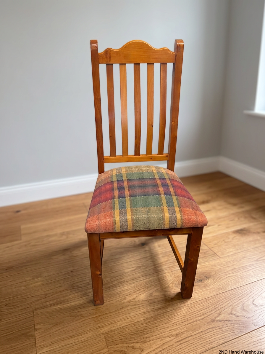 Oregon Pine Dining Chair with Plaid Upholstered Seat — Fair Used Condition