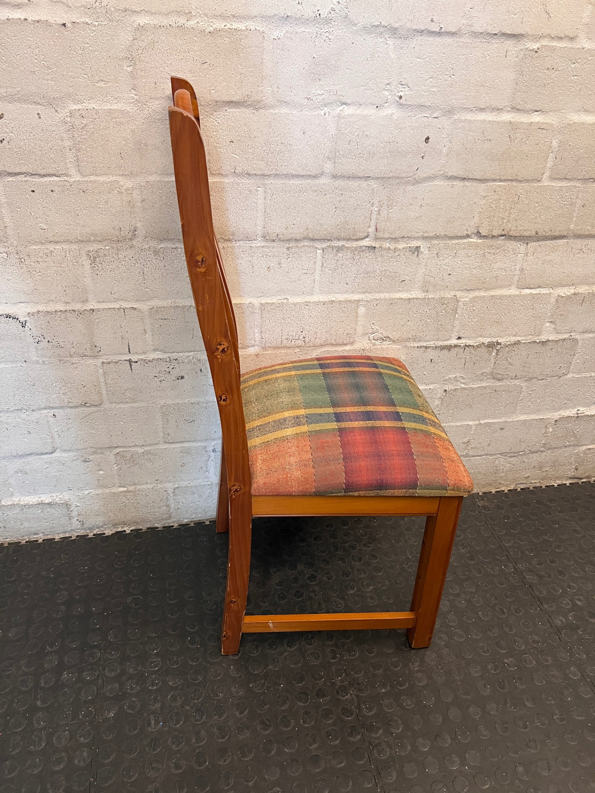 Oregon Pine Dining Chair with Plaid Upholstered Seat — Fair Used Condition – top view