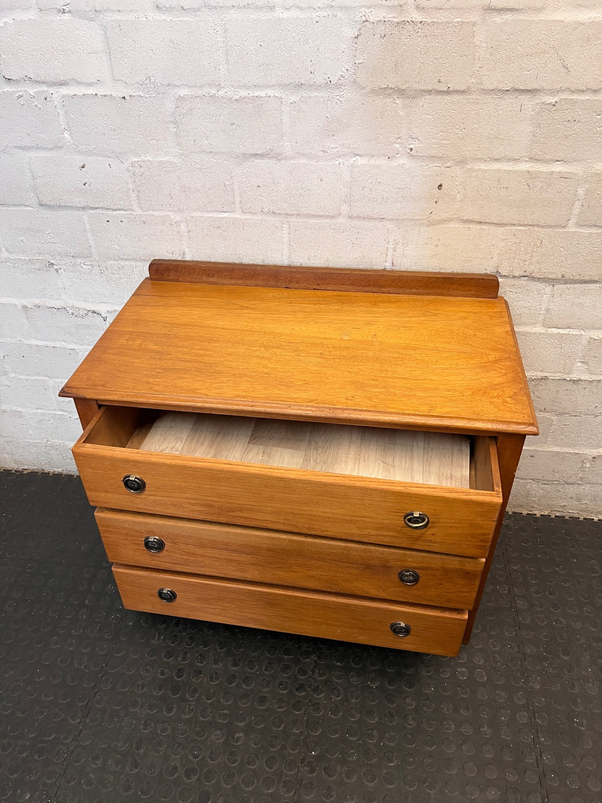 Classic Oak Chest of 3 Drawers with Metal Handles — Fair Used Condition – side view
