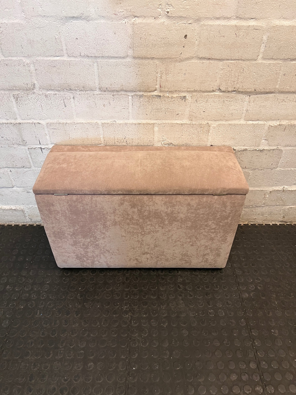 Beige Upholstered Storage Blanket Box — Fair Condition With Visible Wear – back view