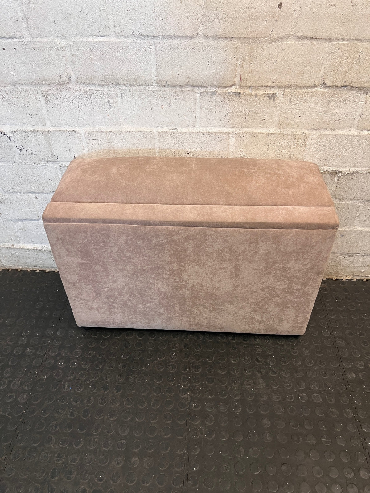 Beige Upholstered Storage Blanket Box — Fair Condition With Visible Wear – main front view