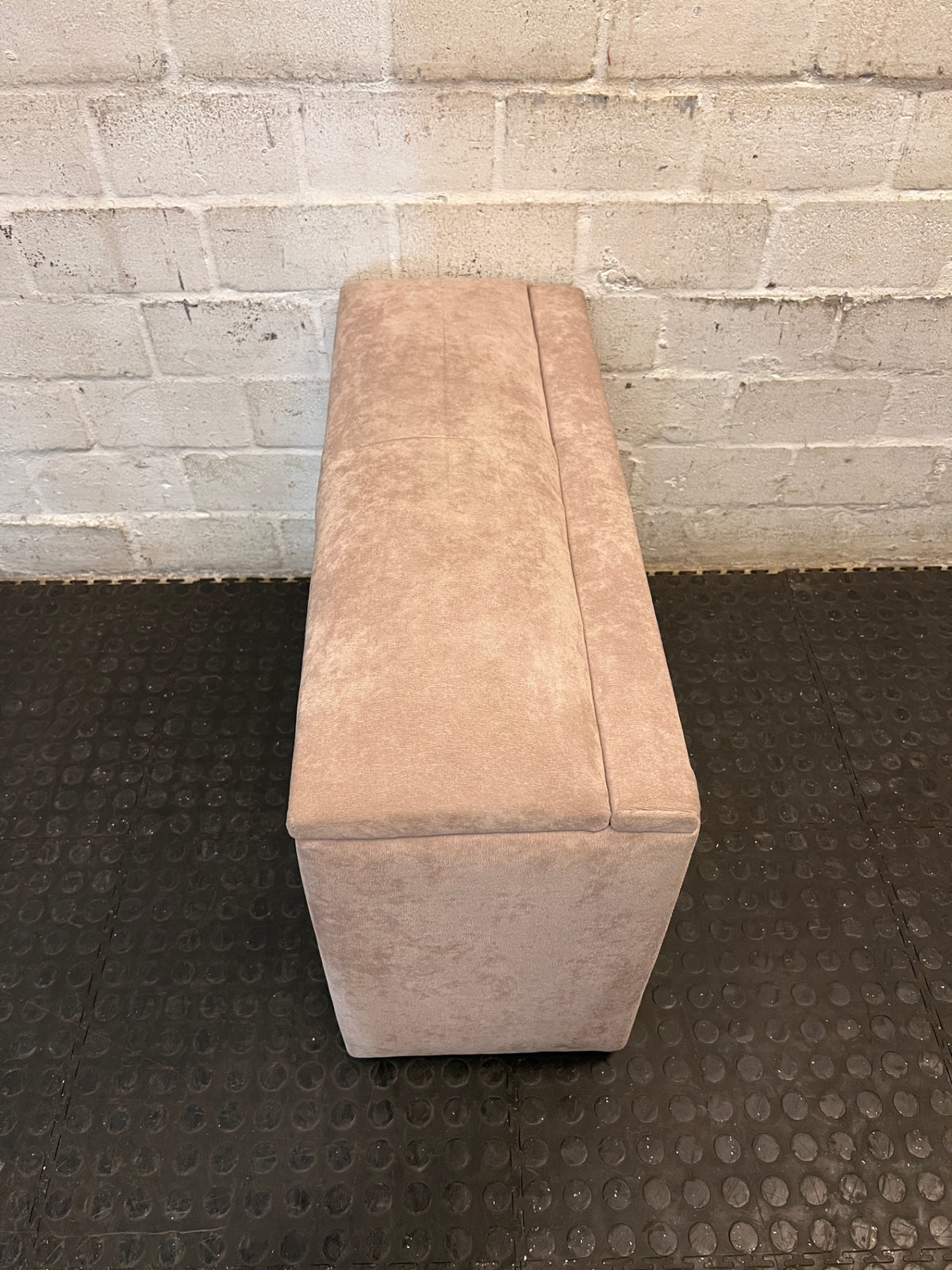 Beige Upholstered Storage Blanket Box — Fair Condition With Visible Wear – top view