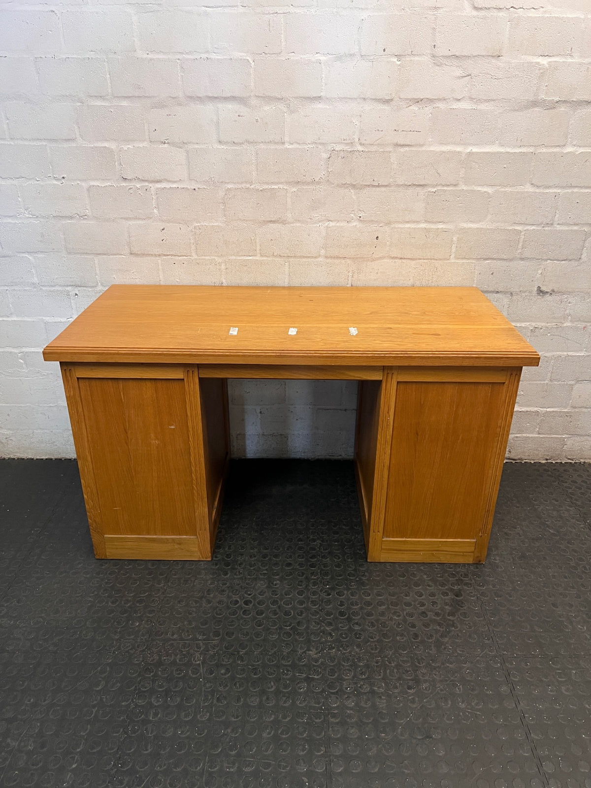 Classic Oak Pedestal Office Desk with Eight Drawers — Fair Used Condition – back view