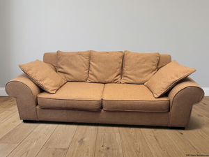 Sevens Brown Upholstered 2 Seater Couch with Scatter Cushions — Fair Used Condition – styled product image