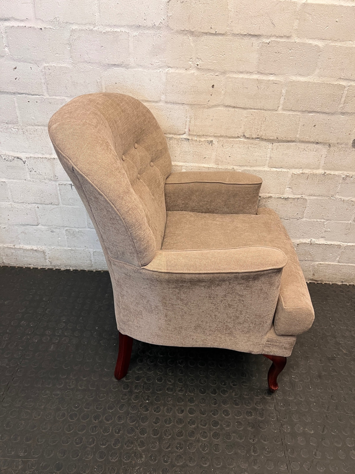 Grey Upholstered Button-Back Accent Chair — Clean and Well Maintained – back view