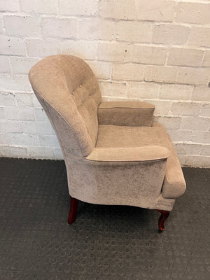 Grey Upholstered Button-Back Accent Chair — Clean and Well Maintained – back view
