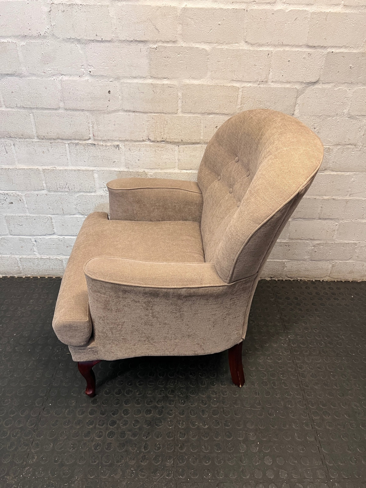 Grey Upholstered Button-Back Accent Chair — Clean and Well Maintained – side view