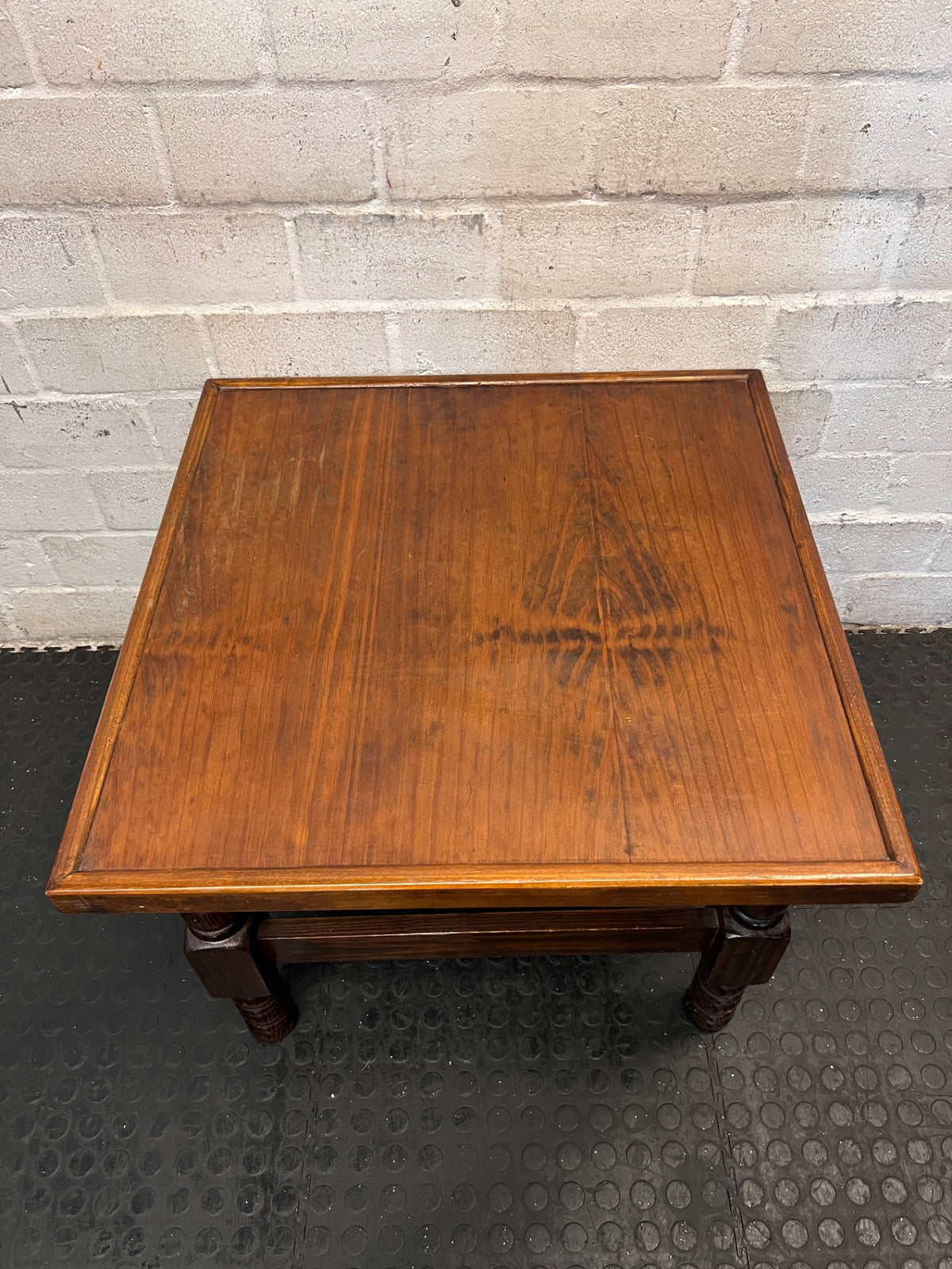 Square Dark Stained Wood Coffee Table with Turned Legs — Good Working Order – back view