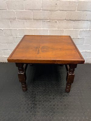Square Dark Stained Wood Coffee Table with Turned Legs — Good Working Order – condition detail