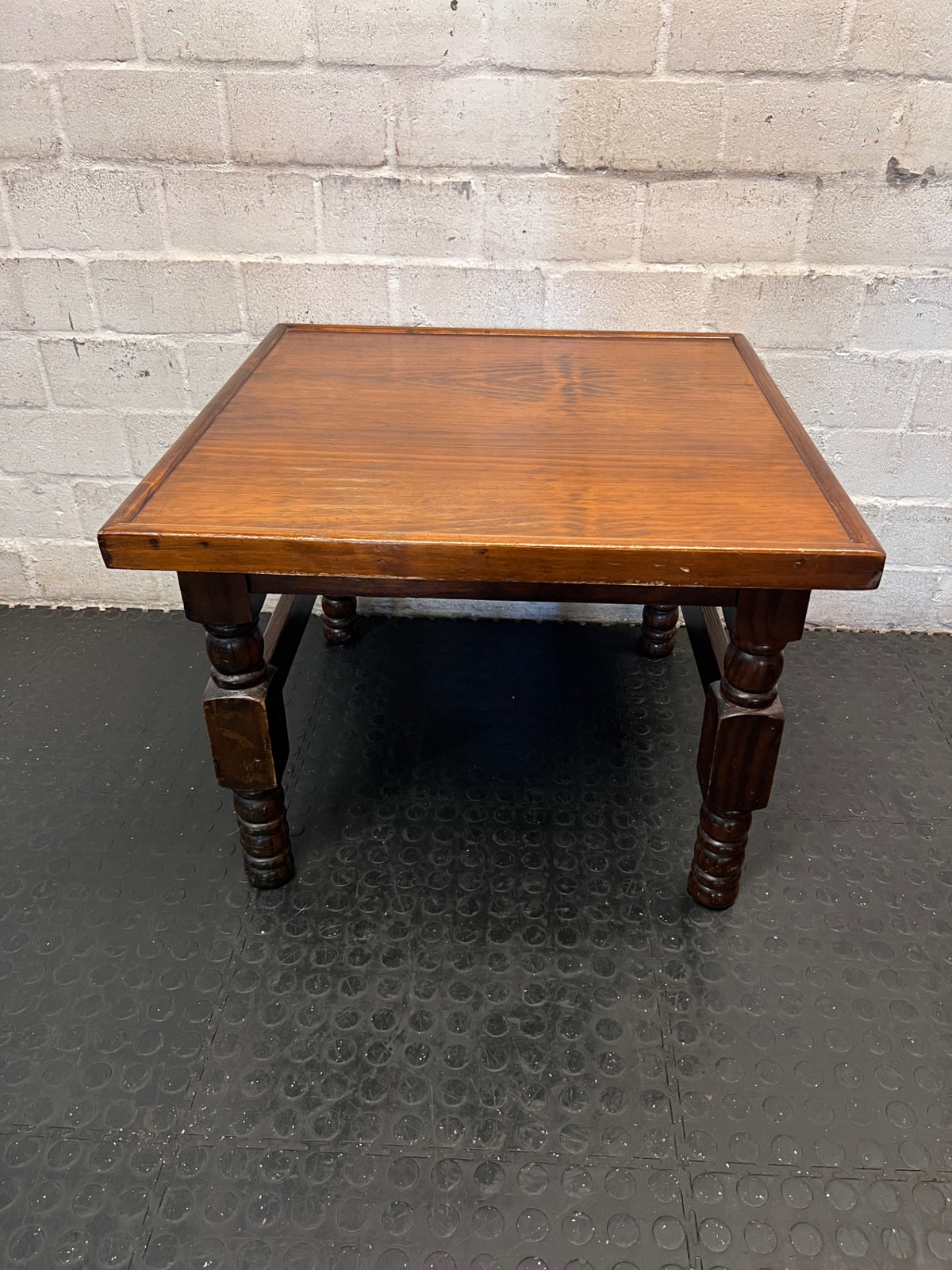 Square Dark Stained Wood Coffee Table with Turned Legs — Good Working Order – main front view