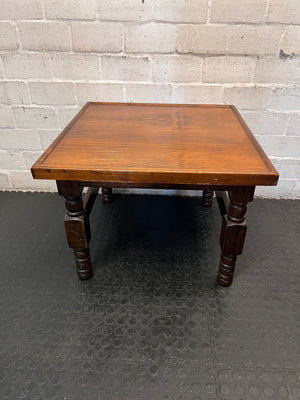Square Dark Stained Wood Coffee Table with Turned Legs — Good Working Order – main front view