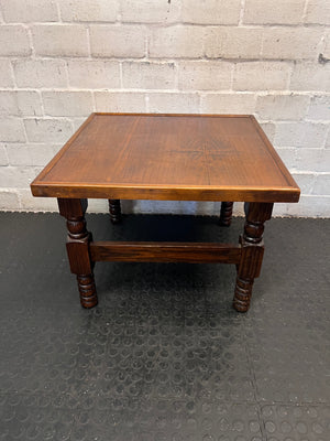Square Dark Stained Wood Coffee Table with Turned Legs — Good Working Order – side view