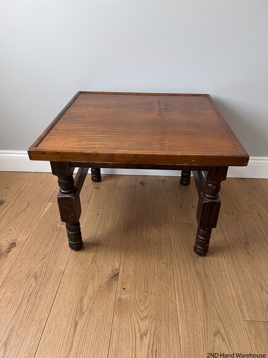Square Dark Stained Wood Coffee Table with Turned Legs — Good Working Order