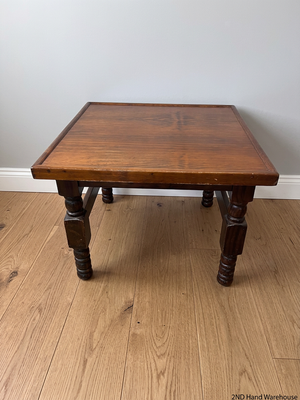 Square Dark Stained Wood Coffee Table with Turned Legs — Good Working Order – styled product image