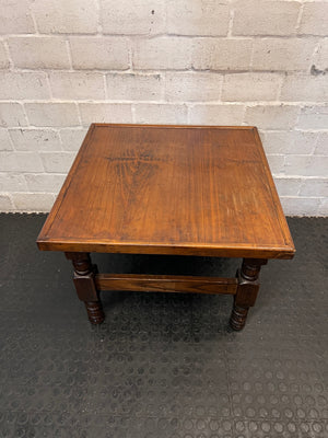 Square Dark Stained Wood Coffee Table with Turned Legs — Good Working Order – top view