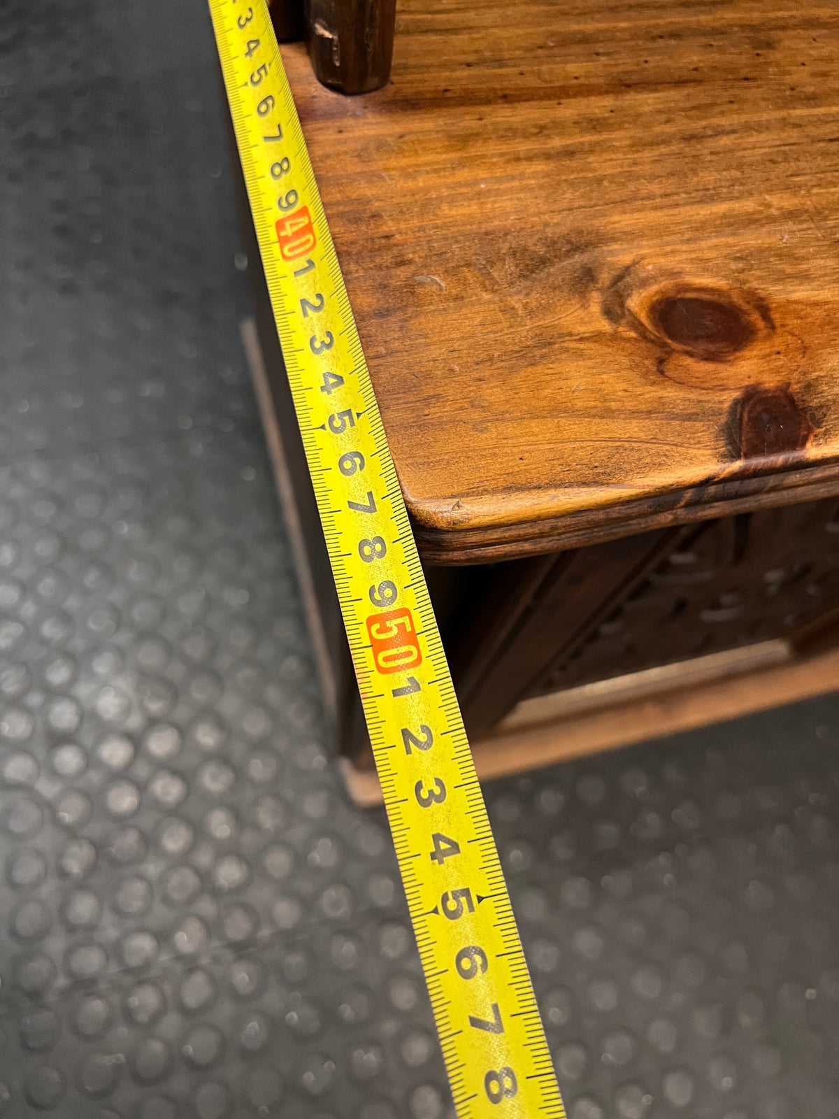 Vintage Brown Wood Wall Unit with Carved Cabinet Doors — Good Working Order – depth measurement