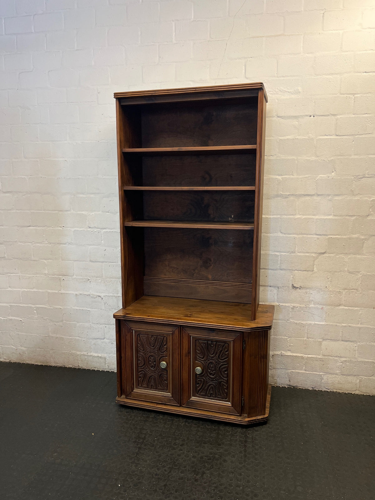 Vintage Brown Wood Wall Unit with Carved Cabinet Doors — Good Working Order – main front view