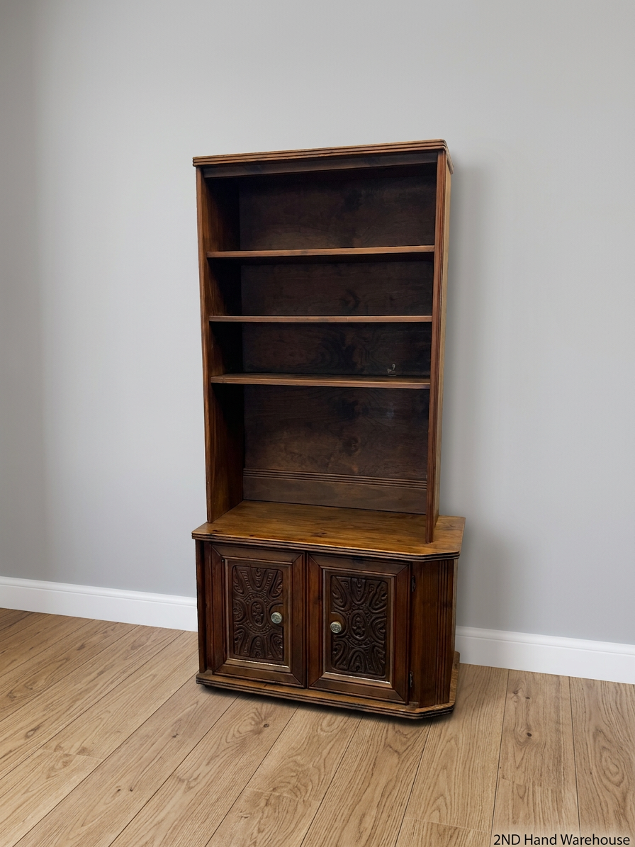 Vintage Brown Wood Wall Unit with Carved Cabinet Doors — Good Working Order – styled product image