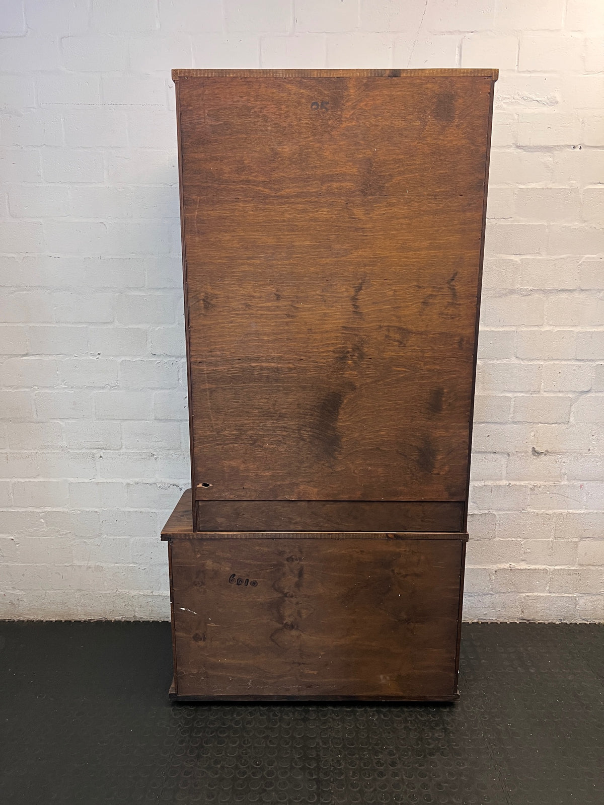 Vintage Brown Wood Wall Unit with Carved Cabinet Doors — Good Working Order – top view
