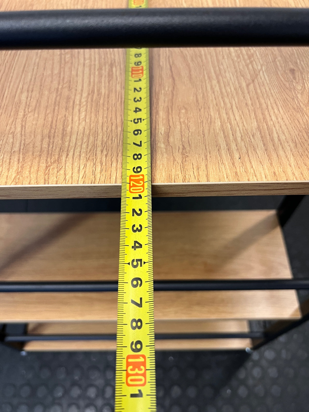 Oak Finish Office Desk with Integrated Shelving — Good Working Order – depth measurement
