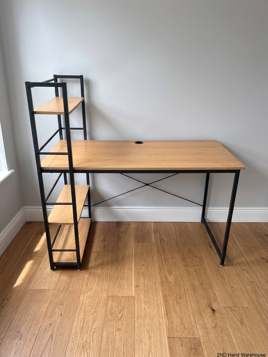 Oak Finish Office Desk with Integrated Shelving — Good Working Order – styled product image
