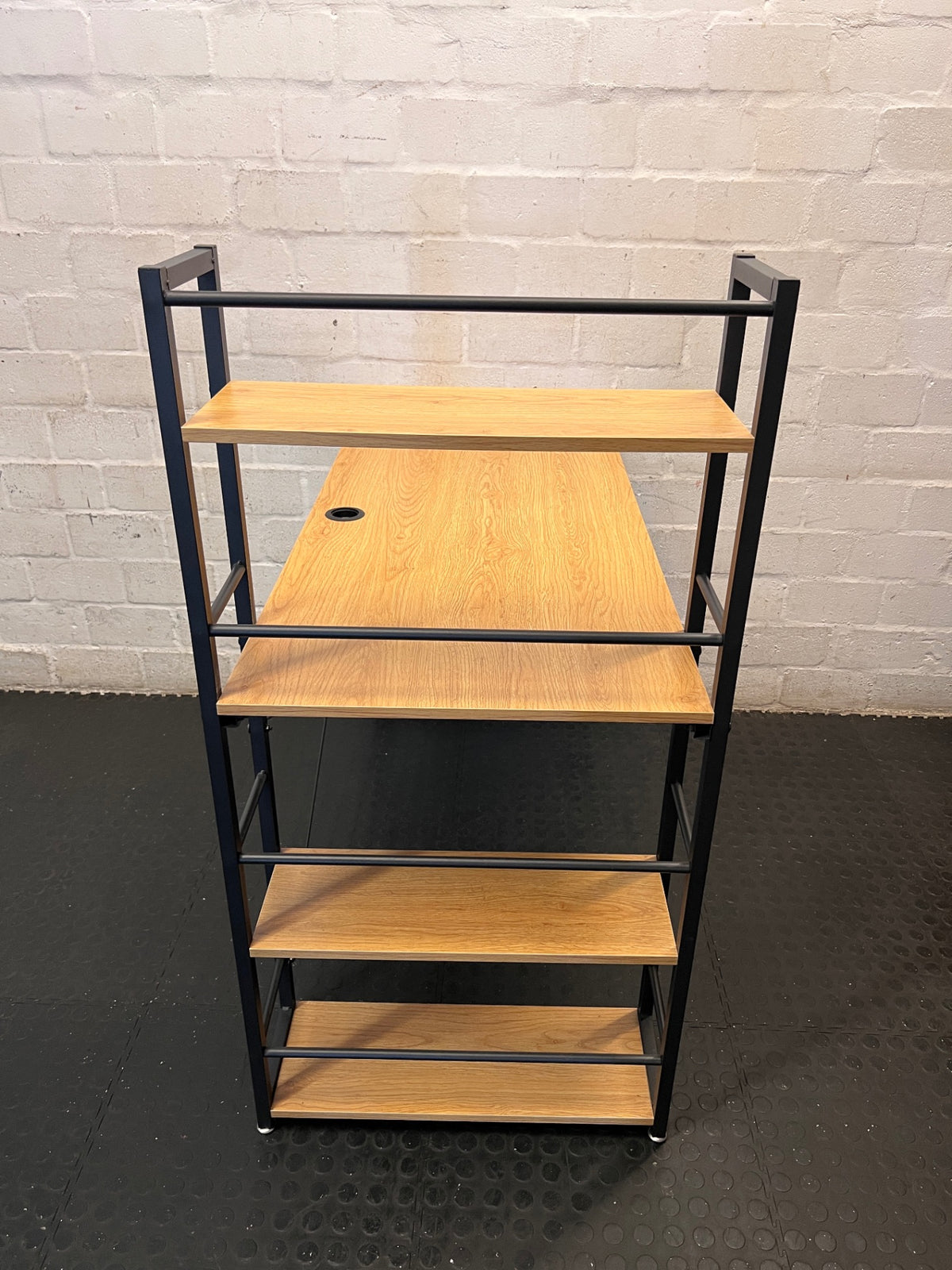 Oak Finish Office Desk with Integrated Shelving — Good Working Order – top view