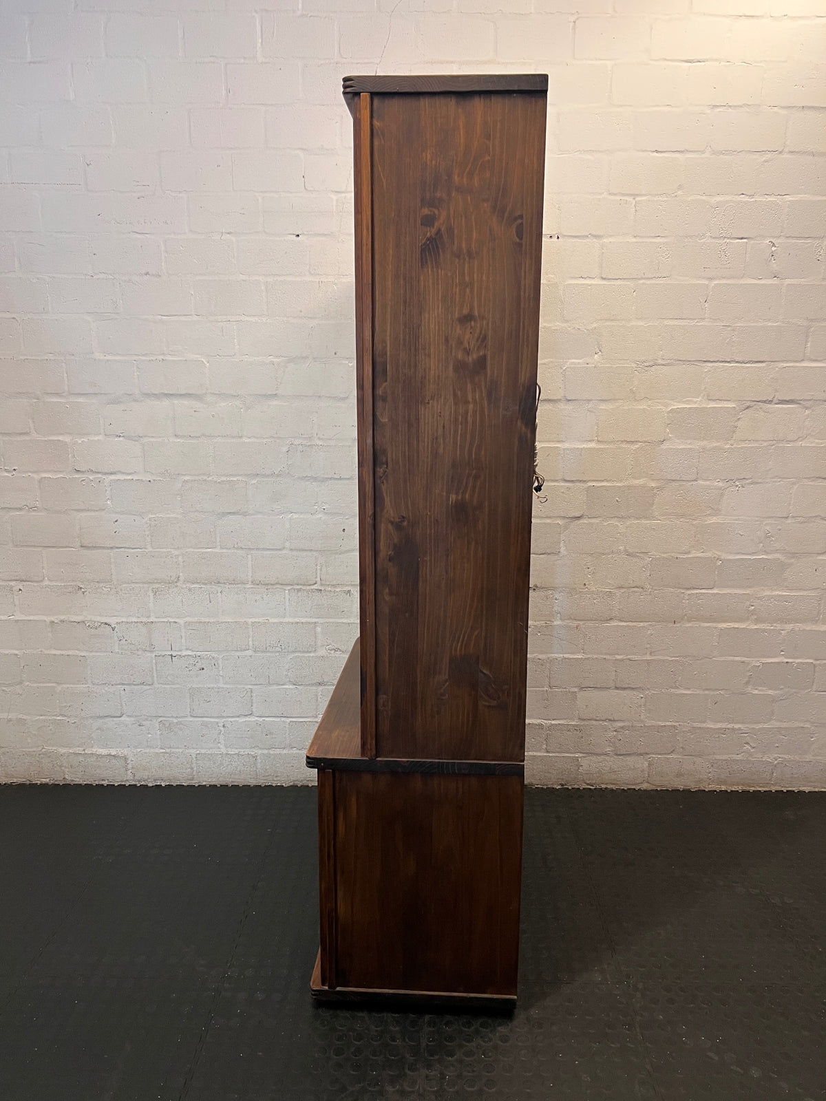 Vintage Wood Display Cabinet with Glass Doors & Carved Detail – top view
