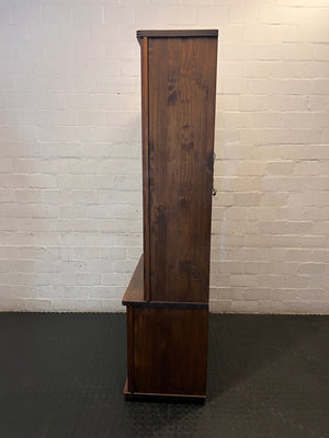 Vintage Wood Display Cabinet with Glass Doors & Carved Detail – top view