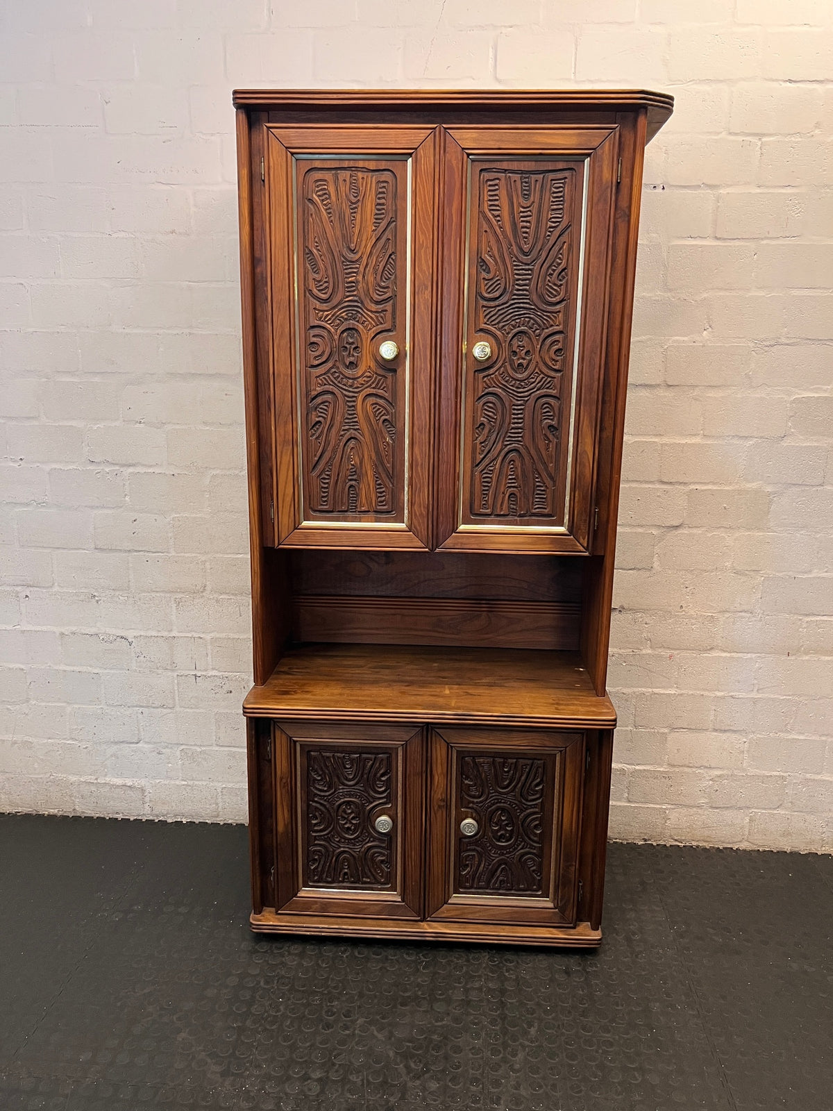 Carved Wood Wall Unit with Tribal-Style Panels – main front view