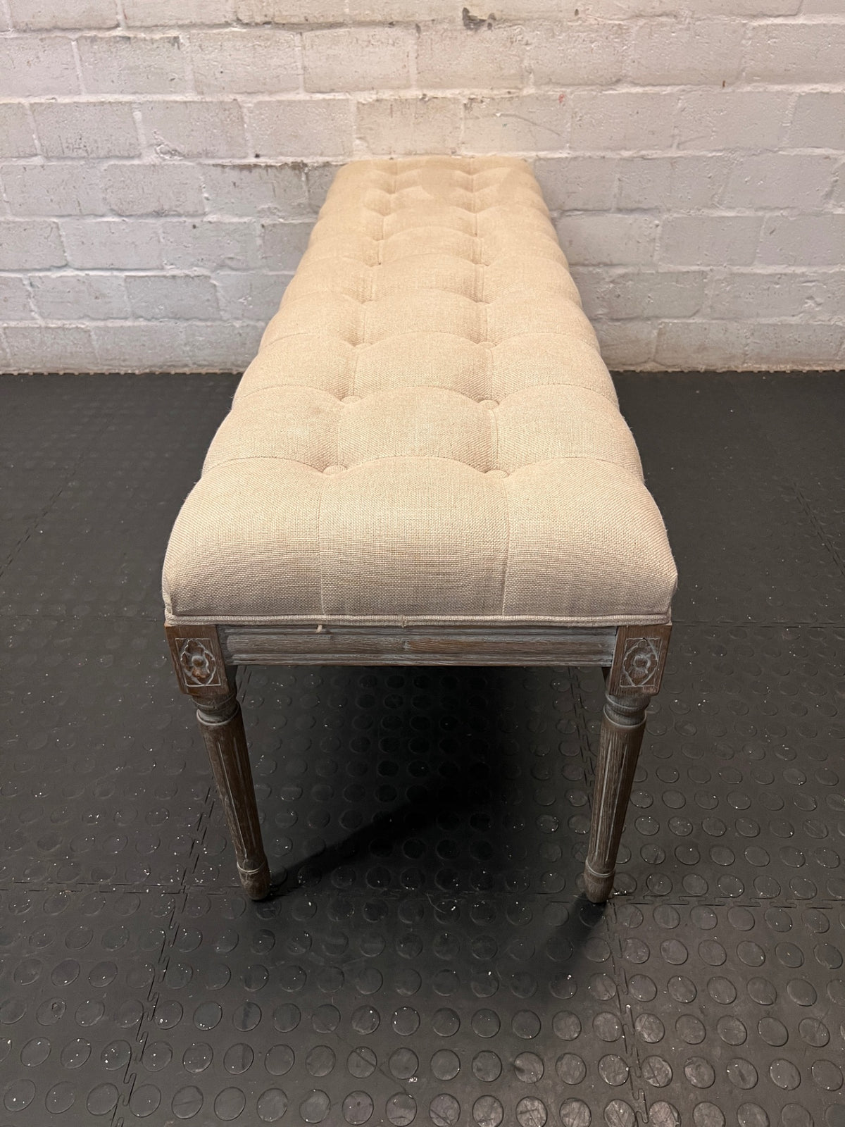 Tufted Upholstered Bench with Carved Wooden Legs – back view
