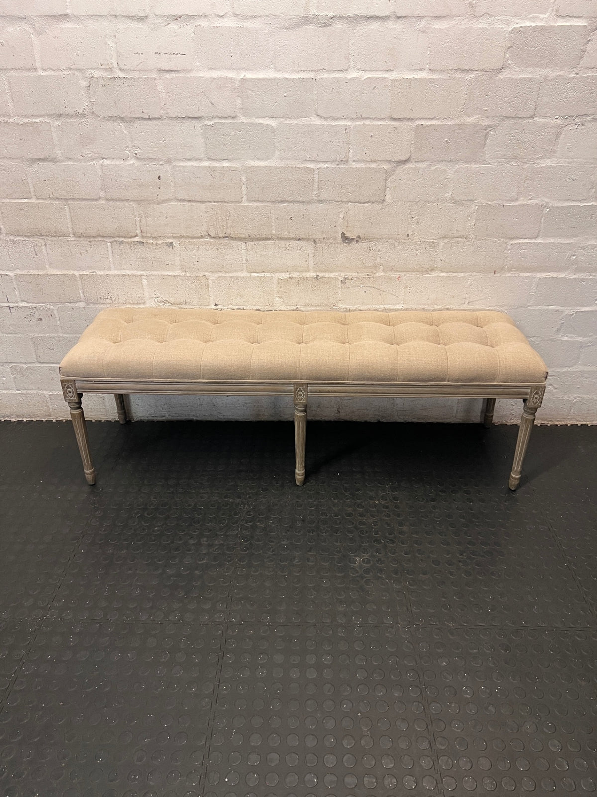 Tufted Upholstered Bench with Carved Wooden Legs – top view
