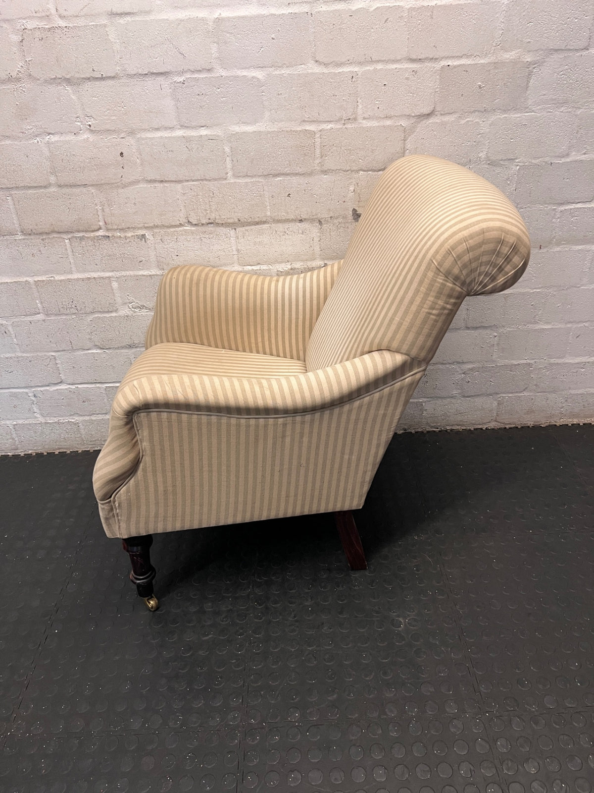 Striped Upholstered Armchair with Castor Feet – side view