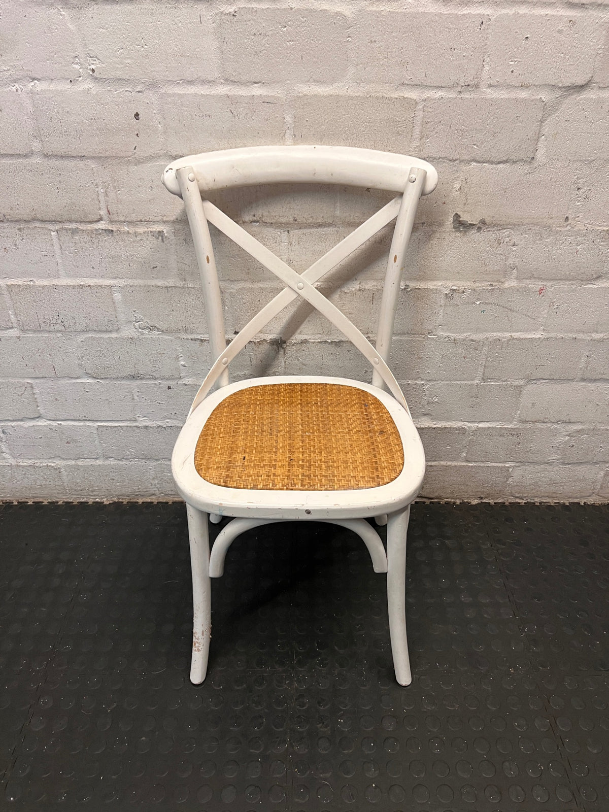 White Cross-Back Dining Chair with Rattan Seat – main front view