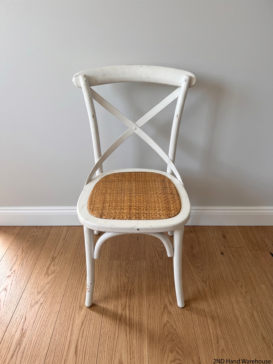 White Cross-Back Dining Chair with Rattan Seat – styled product image