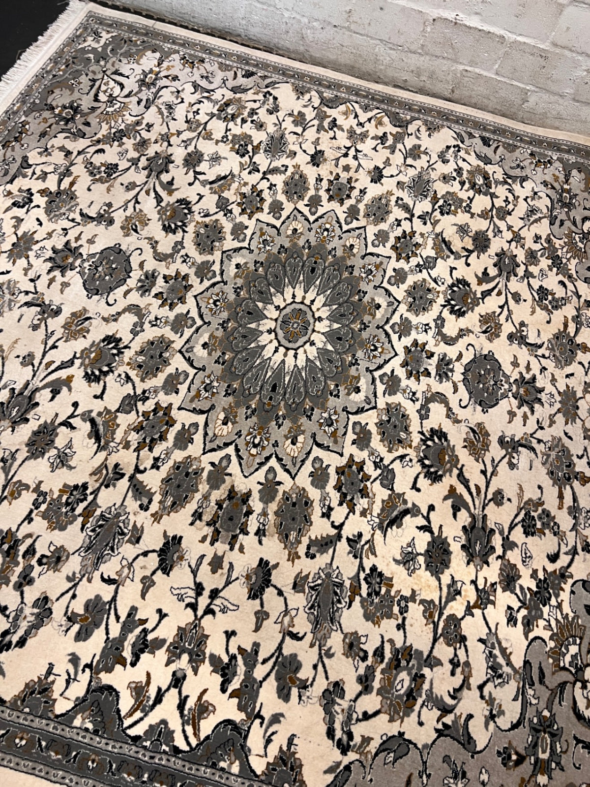 Square Patterned Area Rug with Fringe Border – back view