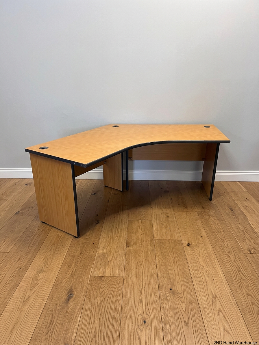 L-Shaped Oak Finish Office Desk with Cable Ports – styled product image