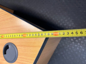 L-Shaped Oak Finish Office Desk with Cable Ports – width measurement