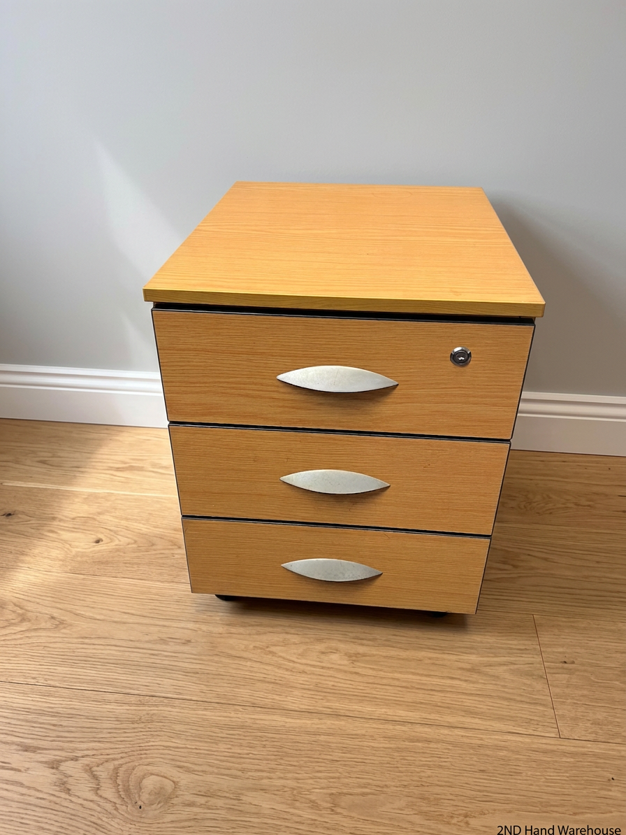 Oak-Look 3-Drawer Office Pedestal with Silver Handles – styled product image