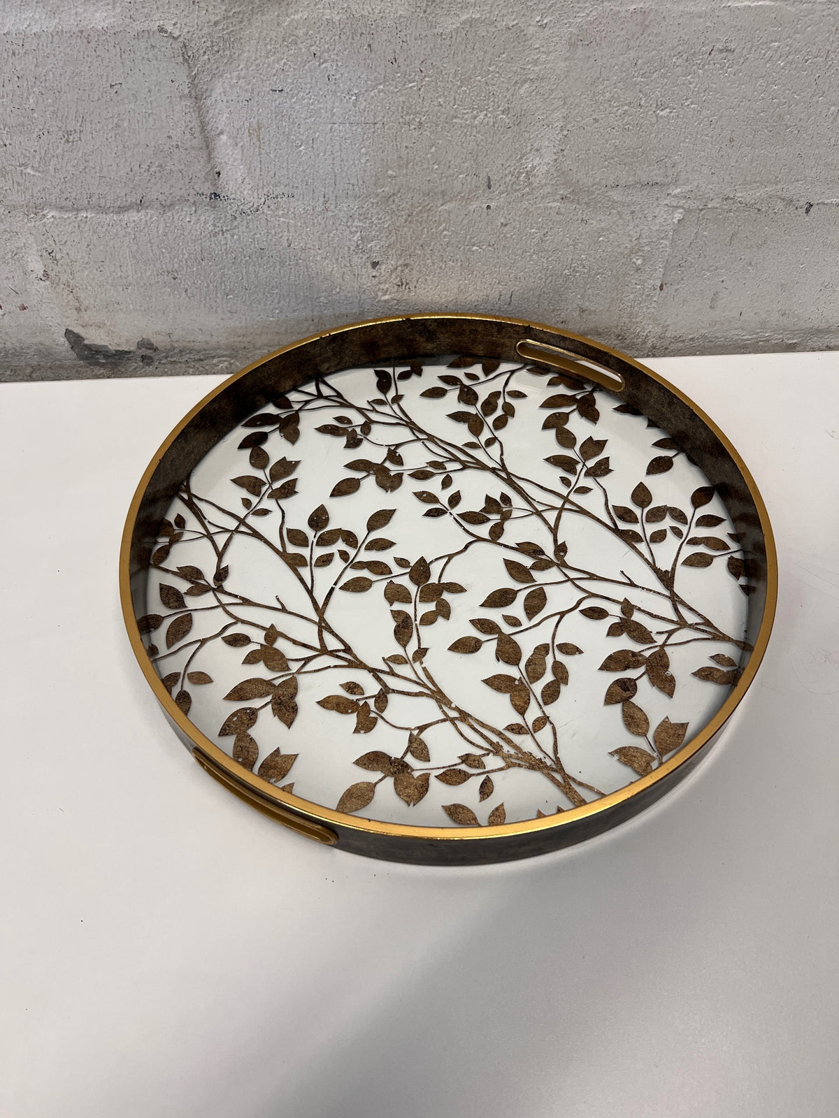 Round Gold Leaf Pattern Decorative Tray with Handles – back view