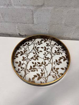 Round Gold Leaf Pattern Decorative Tray with Handles – main front view