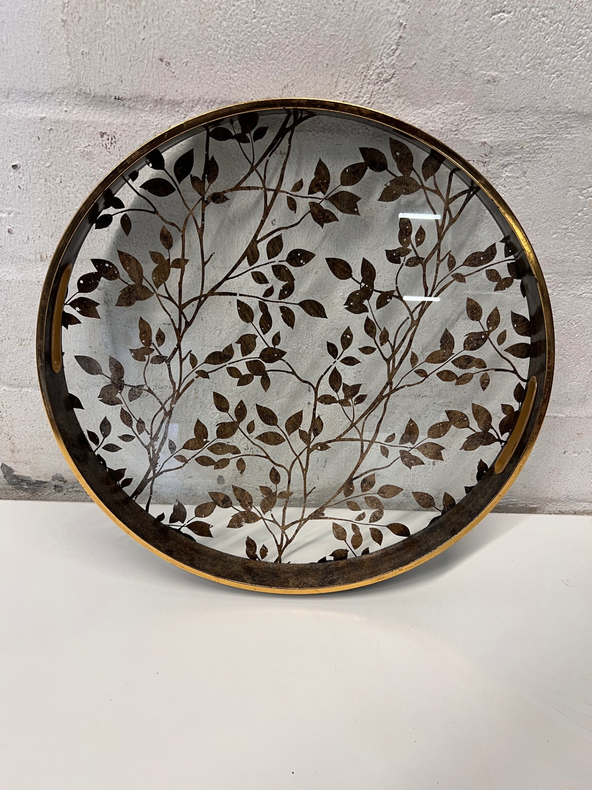 Round Gold Leaf Pattern Decorative Tray with Handles – side view