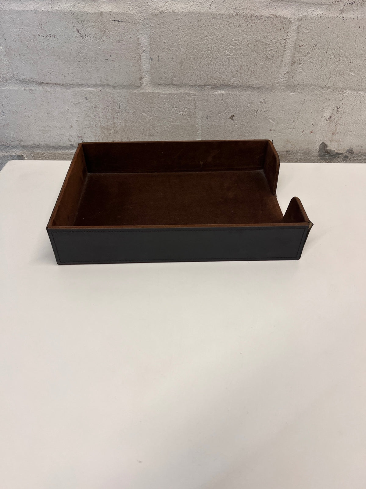 Dark Brown Faux Leather and Suede Style Office File Tray – back view