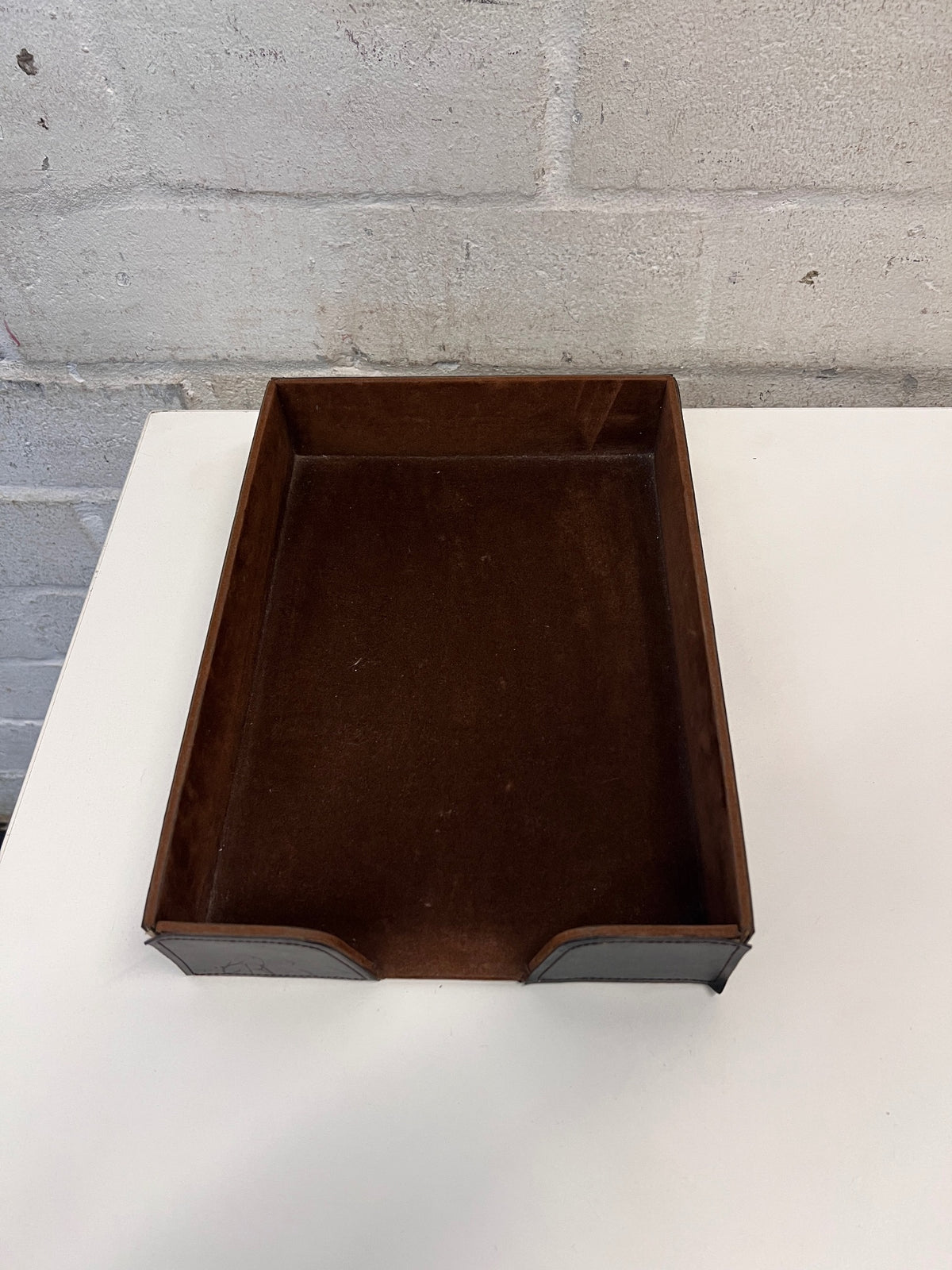 Dark Brown Faux Leather and Suede Style Office File Tray – main front view