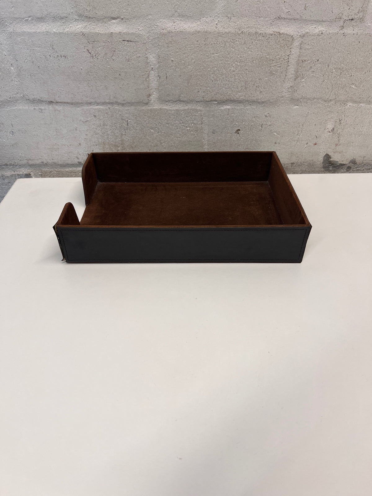 Dark Brown Faux Leather and Suede Style Office File Tray – side view